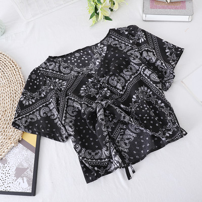 Γυναικεία μπλούζα με κορδόνια και κοντά μανίκια