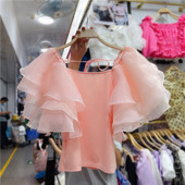 Moodne naiste pluus kandilise kaelusega ja tüllvarrukatega - kahte värvi