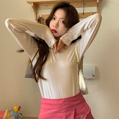 Νέο μοντέλο μονόχρωμη απλή μπλούζα με μακριά μανίκια