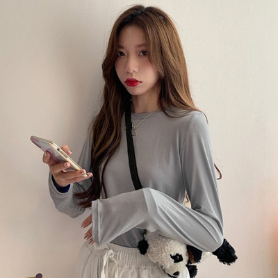 Νέο μοντέλο μονόχρωμη απλή μπλούζα με μακριά μανίκια