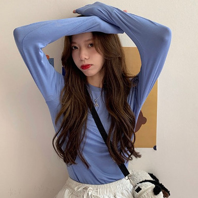 Νέο μοντέλο μονόχρωμη απλή μπλούζα με μακριά μανίκια