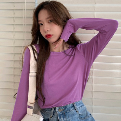 Νέο μοντέλο μονόχρωμη απλή μπλούζα με μακριά μανίκια