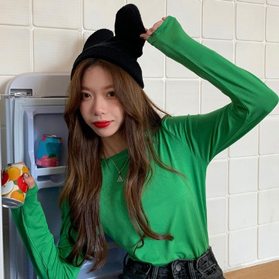 Νέο μοντέλο μονόχρωμη απλή μπλούζα με μακριά μανίκια