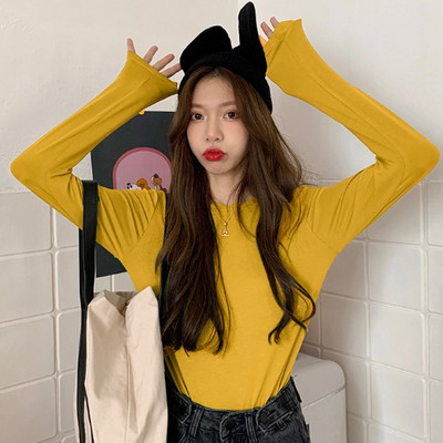 Νέο μοντέλο μονόχρωμη απλή μπλούζα με μακριά μανίκια