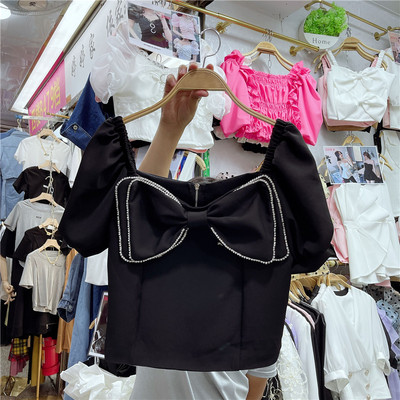 Νέο μοντέλο γυναικεία μπλούζα με κορδέλα με πέτρες σε λευκό και μαύρο χρώμα