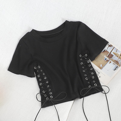 Casual γυναικεία μπλούζα με κορδόνια και στρογγυλή λαιμόκοψη