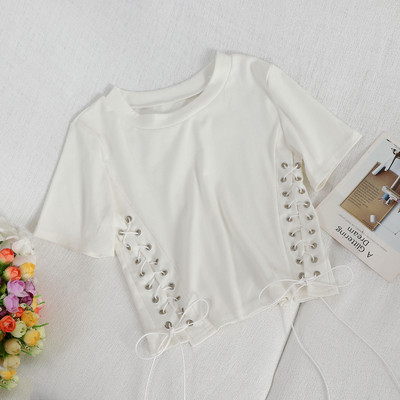 Casual γυναικεία μπλούζα με κορδόνια και στρογγυλή λαιμόκοψη