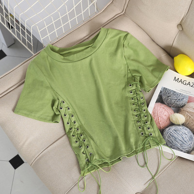 Casual γυναικεία μπλούζα με κορδόνια και στρογγυλή λαιμόκοψη