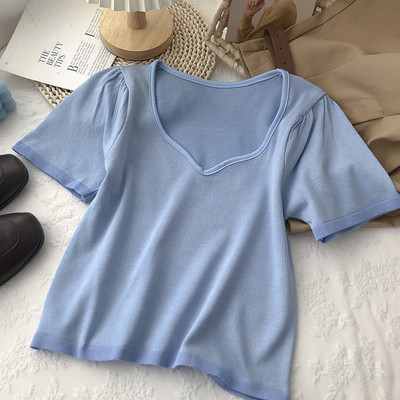 Ženska obična majica kratkih rukava sa špic izrezom