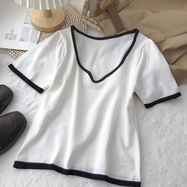 Ženska obična majica kratkih rukava sa špic izrezom