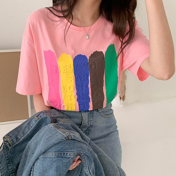 Μοντέρνο καλοκαιρινό μπλουζάκι με πολύχρωμες επιγραφές - νέο μοντέλο