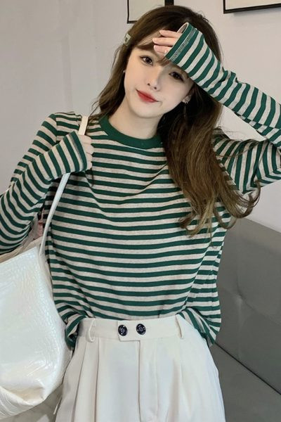 Άνοιξη-φθινόπωρο ριγέ μπλούζα με μακριά μανίκια