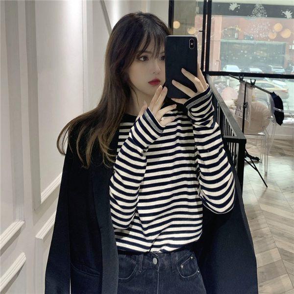 Άνοιξη-φθινόπωρο ριγέ μπλούζα με μακριά μανίκια