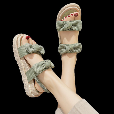 Γυναικεία σανδάλια με κορδέλα σε τρία χρώματα και επίπεδη σόλα