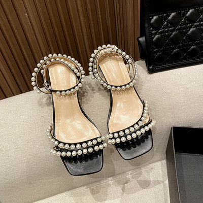 Ženske sandale s bisernim ukrasom i niskom petom od 5 cm