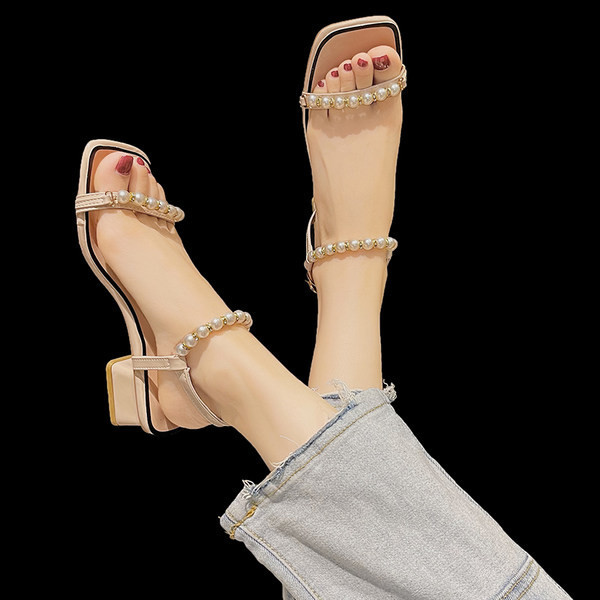 Elegantne ženske sandale s biserima u bijeloj i zelenoj boji