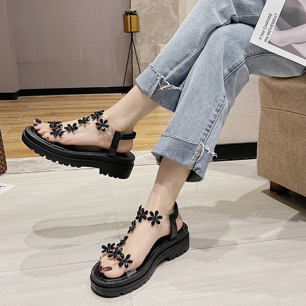 Ženske sandale sa 3D elementima cvijeća u crnoj i bež boji