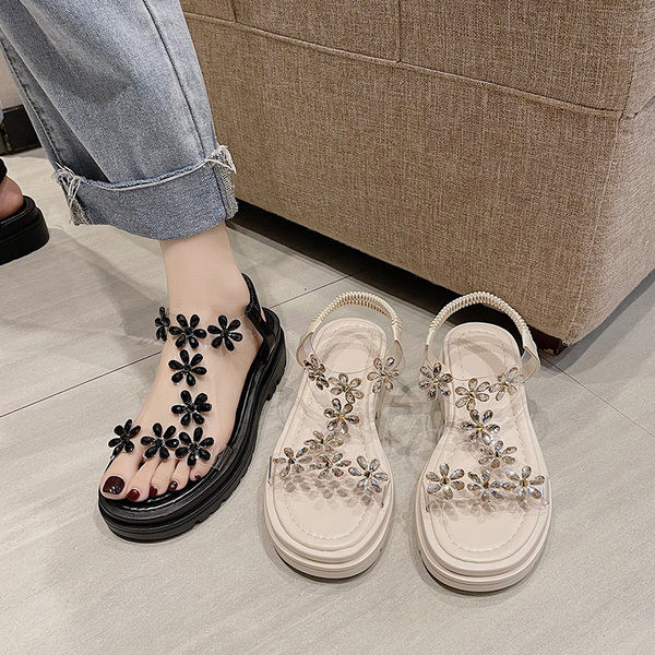 Ženske sandale sa 3D elementima cvijeća u crnoj i bež boji