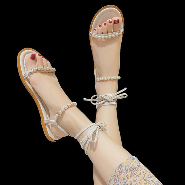 Ženske sandale sa perlama i vezicama u dvije boje