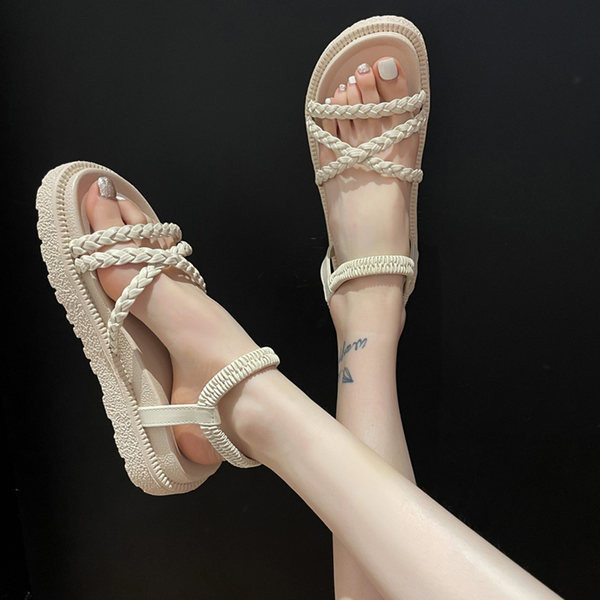 Ženske sandale s kožnim remenčićima u bež i crnoj boji