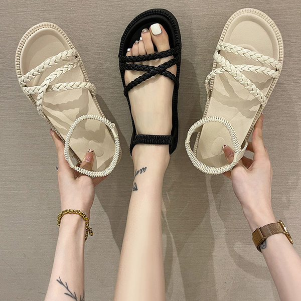 Ženske sandale s kožnim remenčićima u bež i crnoj boji