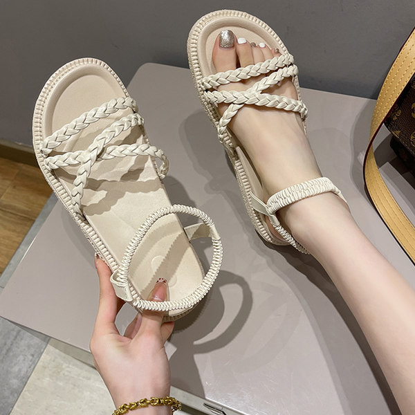 Ženske sandale s kožnim remenčićima u bež i crnoj boji