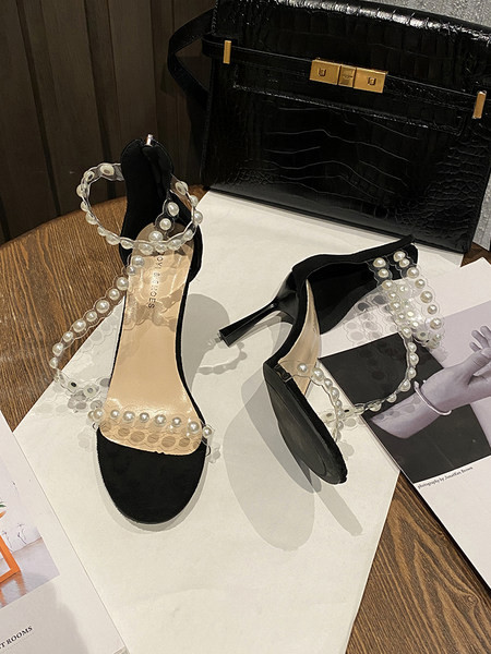 Дамски стилни сандали с декорация перли и 8.5см тънък ток
