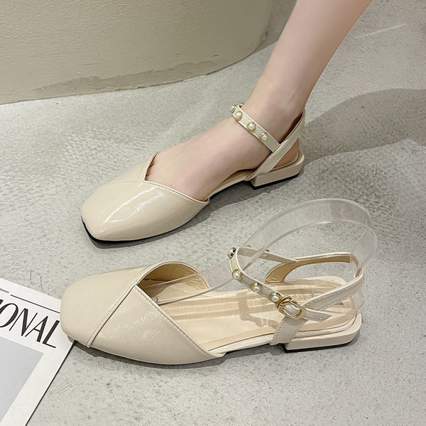 Νέο μοντέλο γυναικεία σανδάλια από οικολογικό δέρμα με πέρλες - μαύρο και μπεζ χρώμα