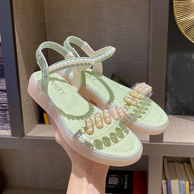 Γυναικεία casual σανδάλια με διακοσμητικές πέτρες σε πράσινο και μπεζ χρώμα