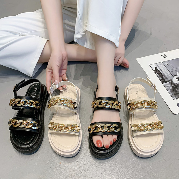 Ležerne ženske sandale od umjetne kože u crnoj i bež boji