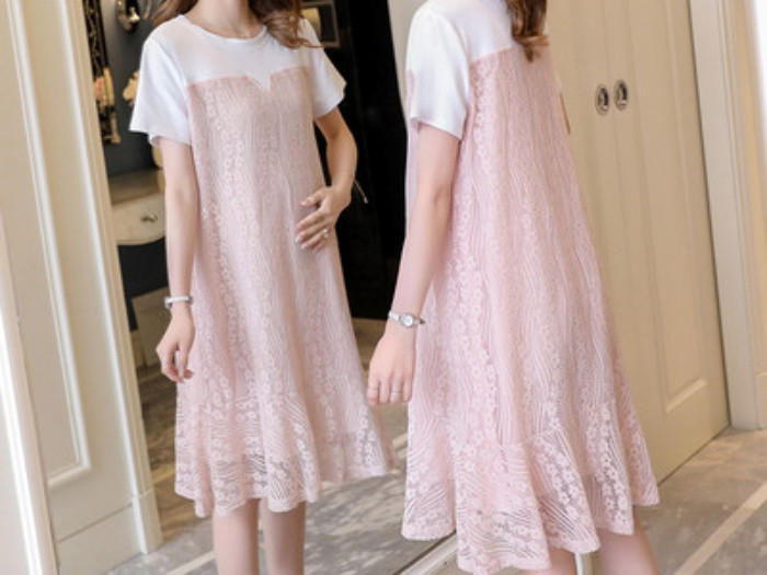 Μοντέρνο γυναικείο δαντελωτό  φόρεμα με κοντά μανίκια για έγκυες γυναίκες