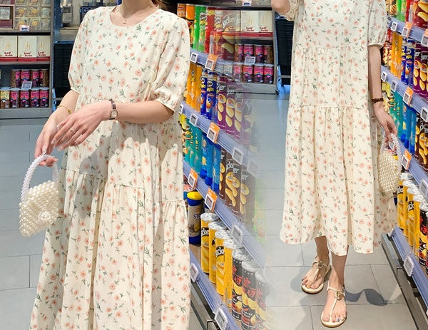 Sieviešu ikdienišķa gara piegriezuma kleita ar ziedu rakstu grūtniecēm