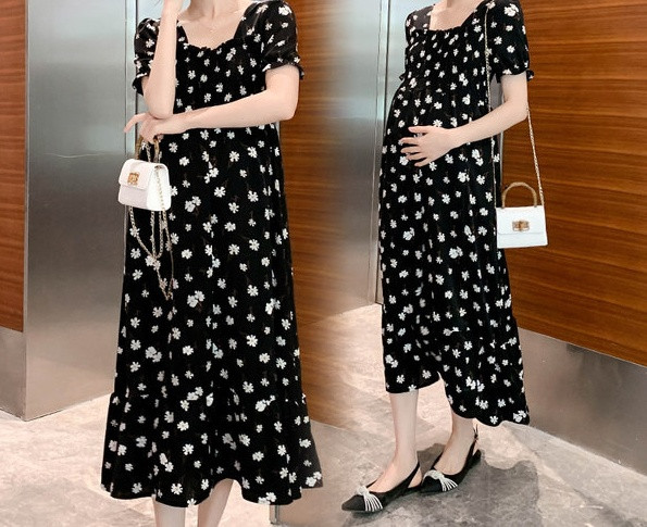 Μοντέρνο γυναικείο φόρεμα με λουλουδάτο μοτίβο και κοντά μανίκια για έγκυες γυναίκες