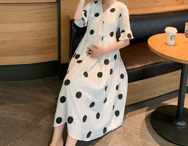Ženska ležerna haljina na točkice i špic izrez za trudnice