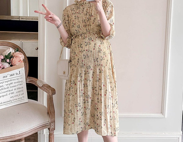 Κομψό γυναικείο φόρεμα με λουλουδάτο μοτίβο και κορδόνια για έγκυες γυναίκες