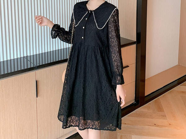 Elegantna ženska haljina od čipke s dugim rukavima i gumbima za trudnice