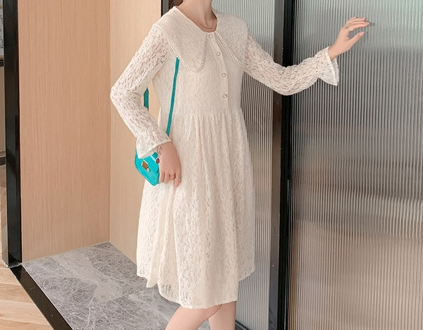 Elegantna ženska haljina od čipke s dugim rukavima i gumbima za trudnice