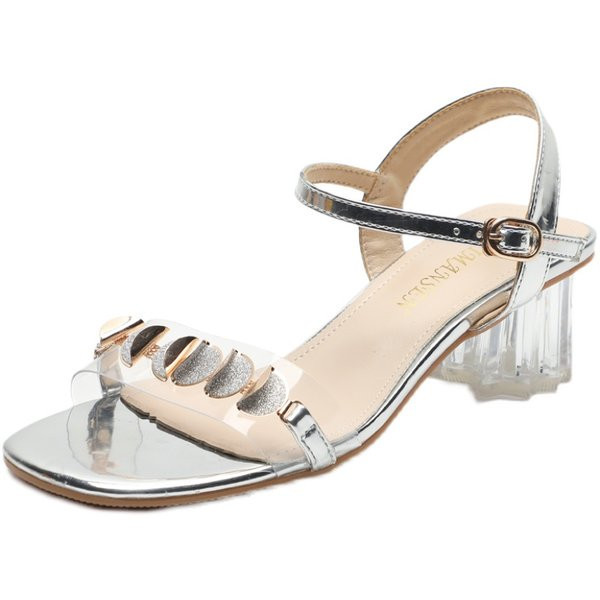 Ženske sandale srebrne boje sa kamenčićima i prozirnom petom