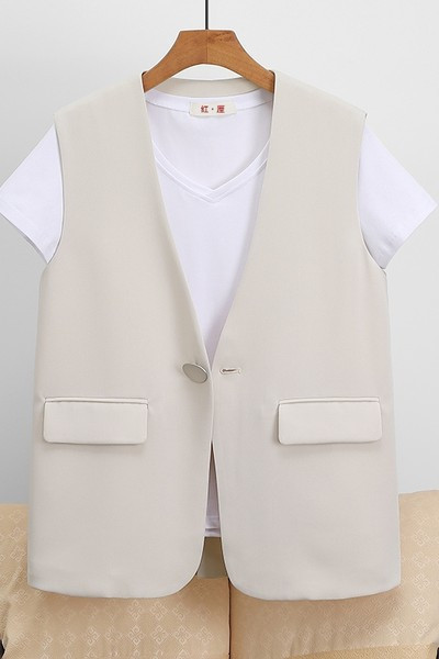 Дамски пролетен елек с V-образно деколте и копче 