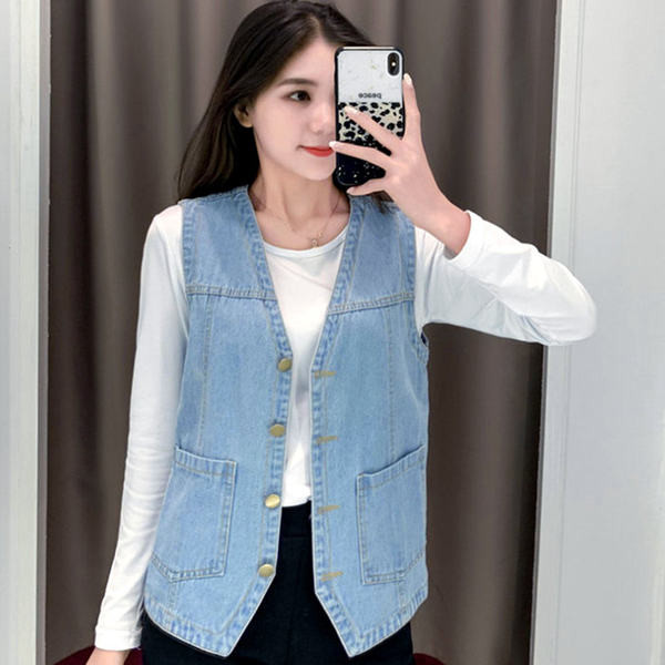 Ženski traper prsluk s gumbima i špic izrezom