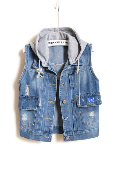 Ženski traper prsluk s kapuljačom i džepovima