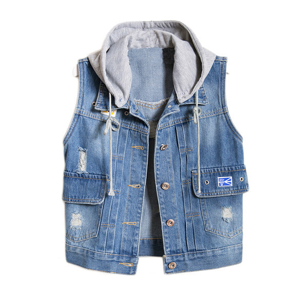 Ženski traper prsluk s kapuljačom i džepovima