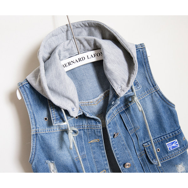 Ženski traper prsluk s kapuljačom i džepovima