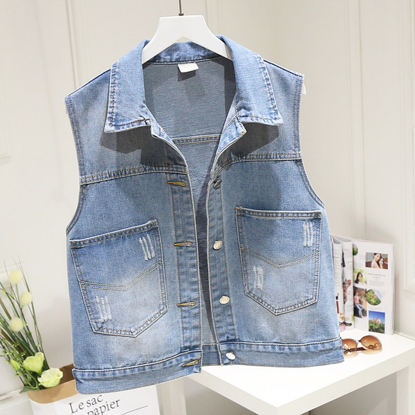 Γυναικείο γιλέκο τζιν με τρισδιάστατα λουλούδια