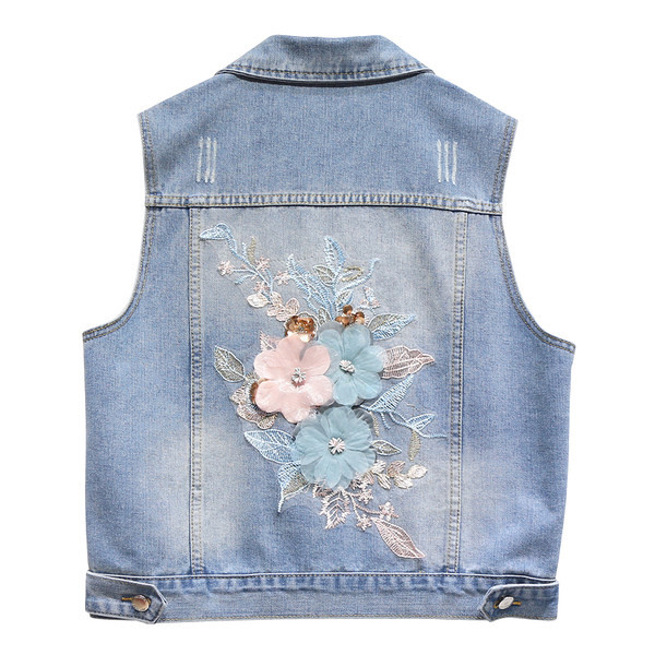 Γυναικείο γιλέκο τζιν με τρισδιάστατα λουλούδια