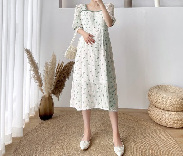 Casual μακρύ φόρεμα με τετράγωνο ντεκολτέ για έγκυες γυναίκες