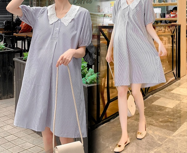 Τρέχον ριγέ φόρεμα με κουμπιά για έγκυες γυναίκες