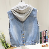 Ženski traper prsluk s kapuljačom i gumbima