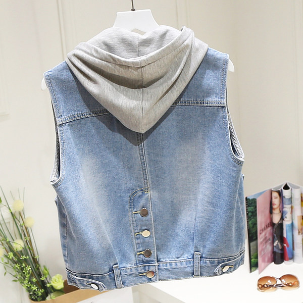 Ženski traper prsluk s kapuljačom i gumbima