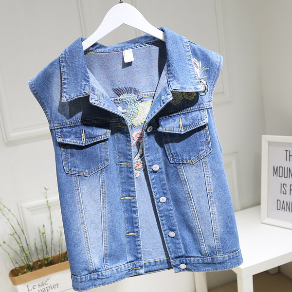 Ženski traper prsluk s vezom i džepovima